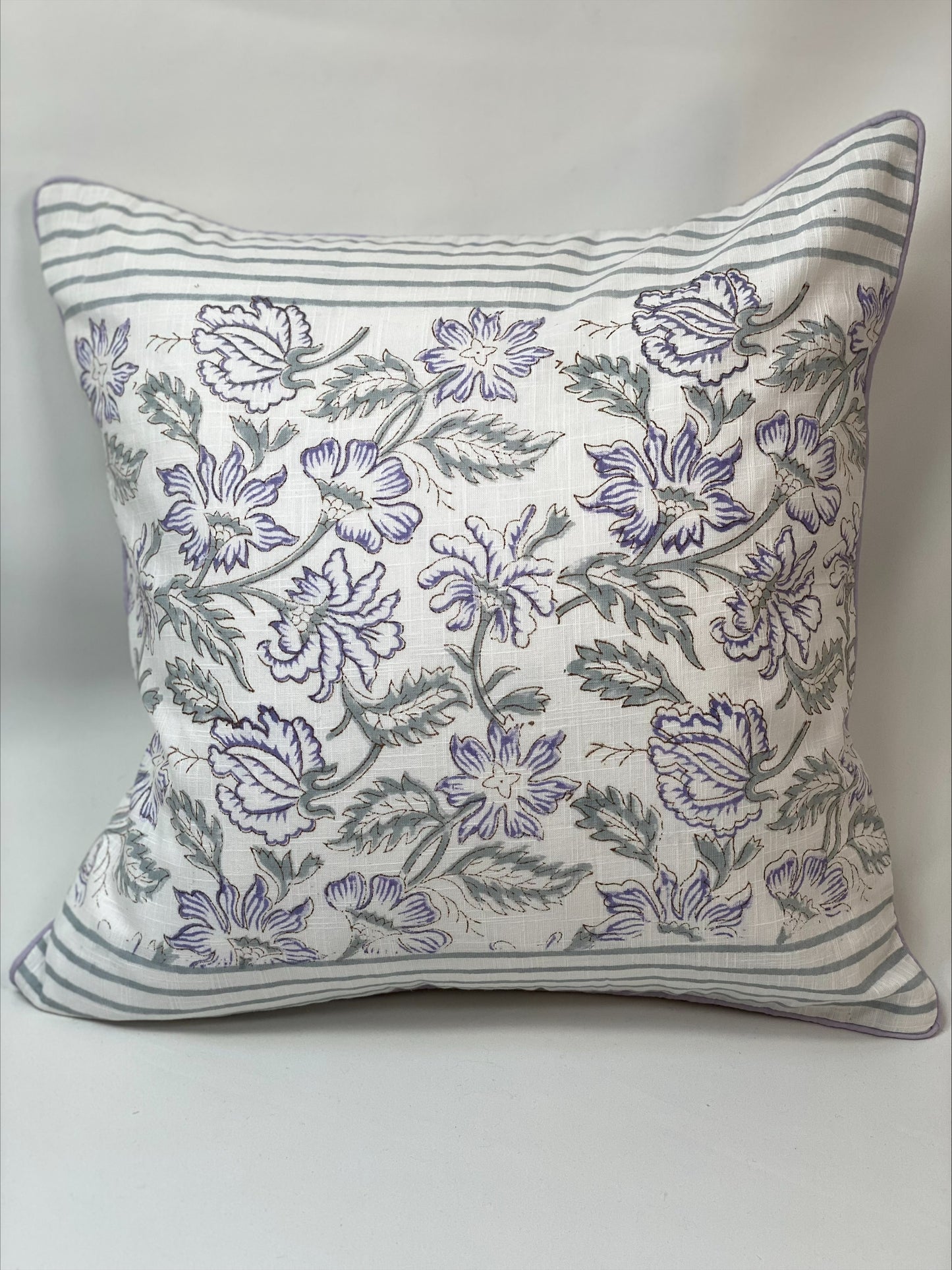 Hand block printed cushion cover - white with flowers and stripes