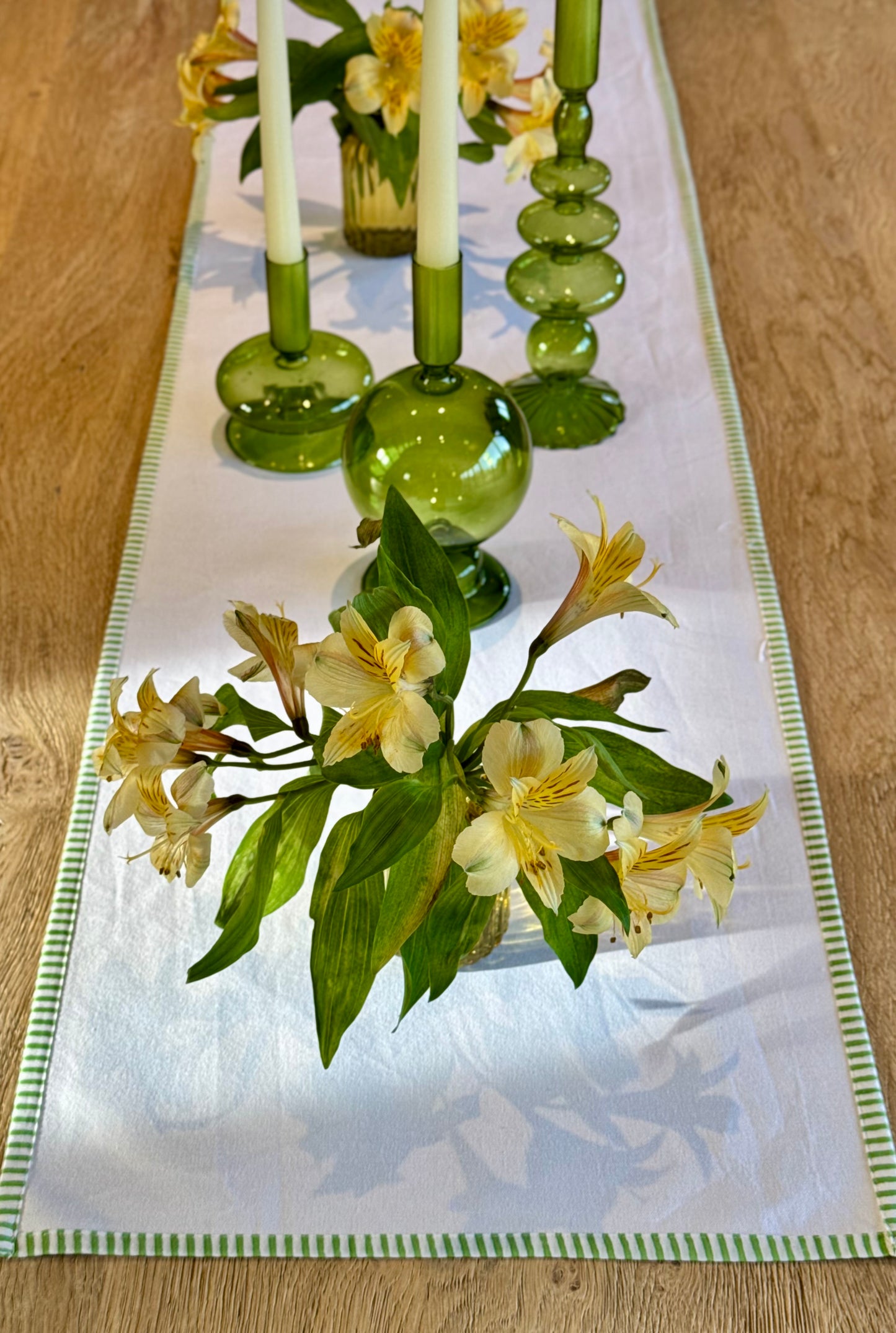 White Table Runner with delicate green striped edge detail