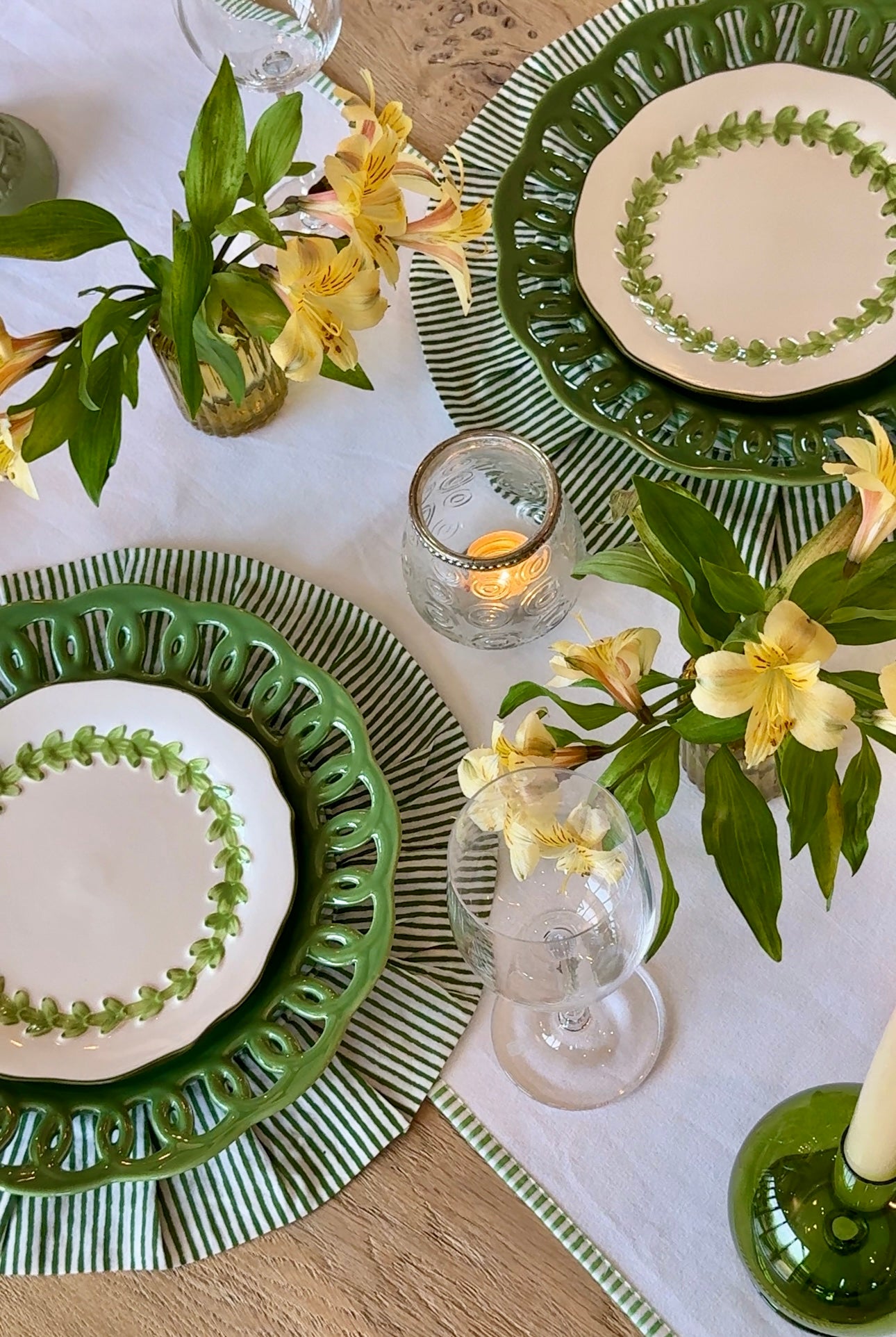 White Table Runner with delicate green striped edge detail