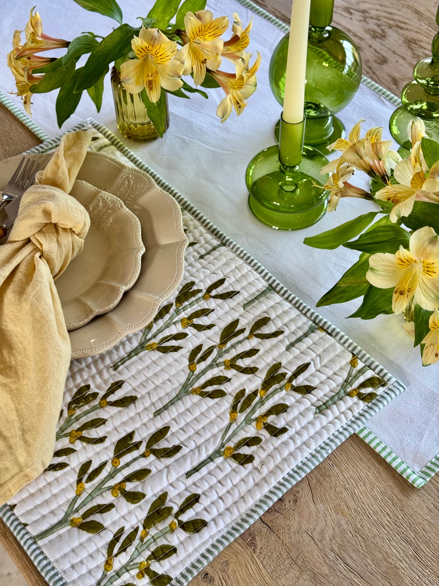 Hand block printed olive-green quilted, reversible placemats - set of 2