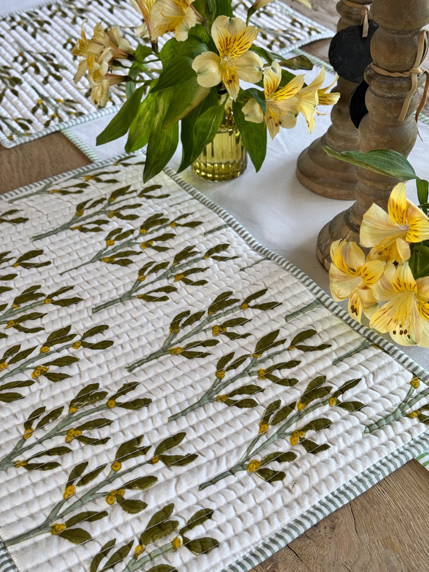 Hand block printed olive-green quilted, reversible placemats - set of 2