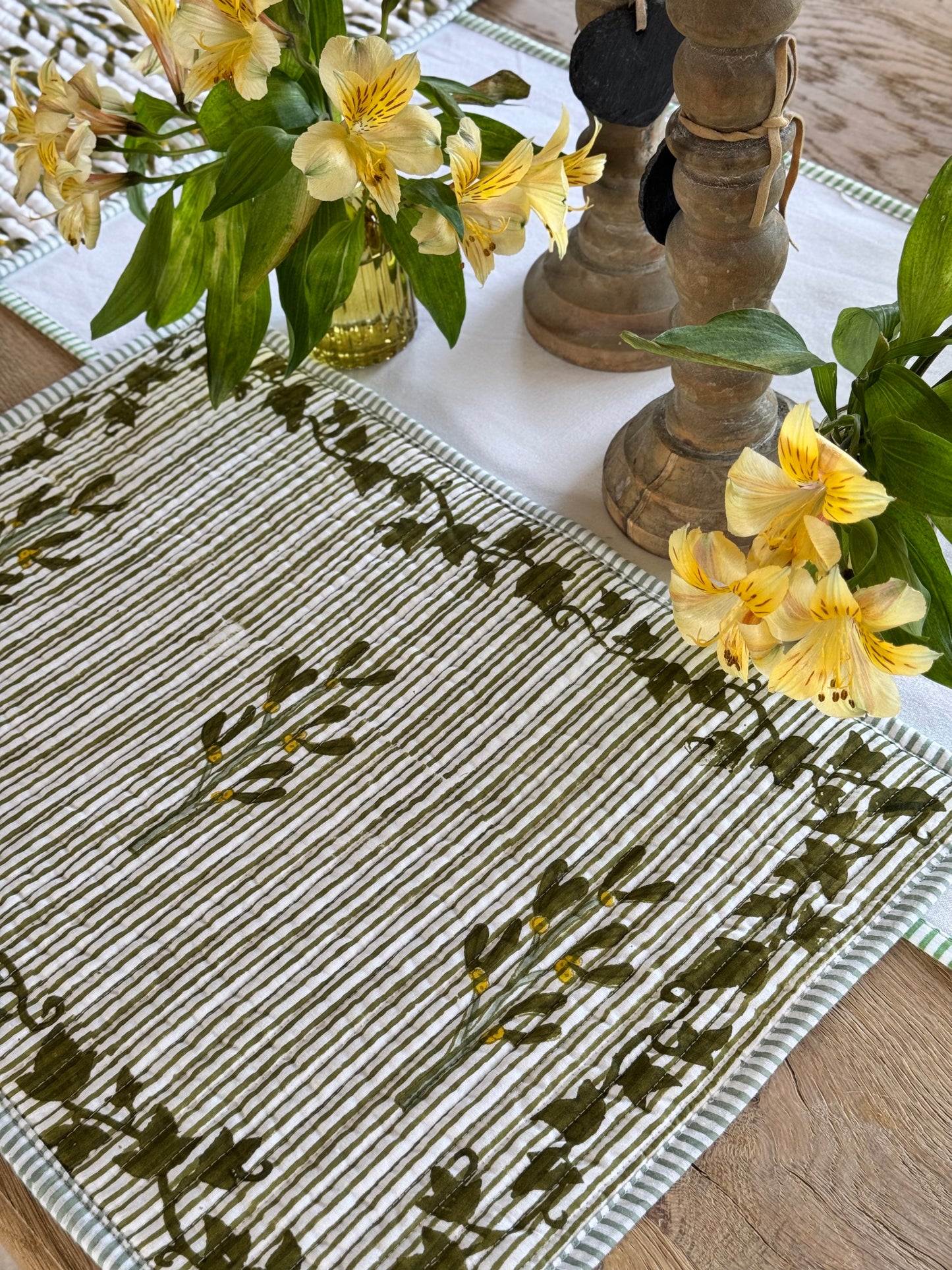 Hand block printed olive-green quilted, reversible placemats - set of 2