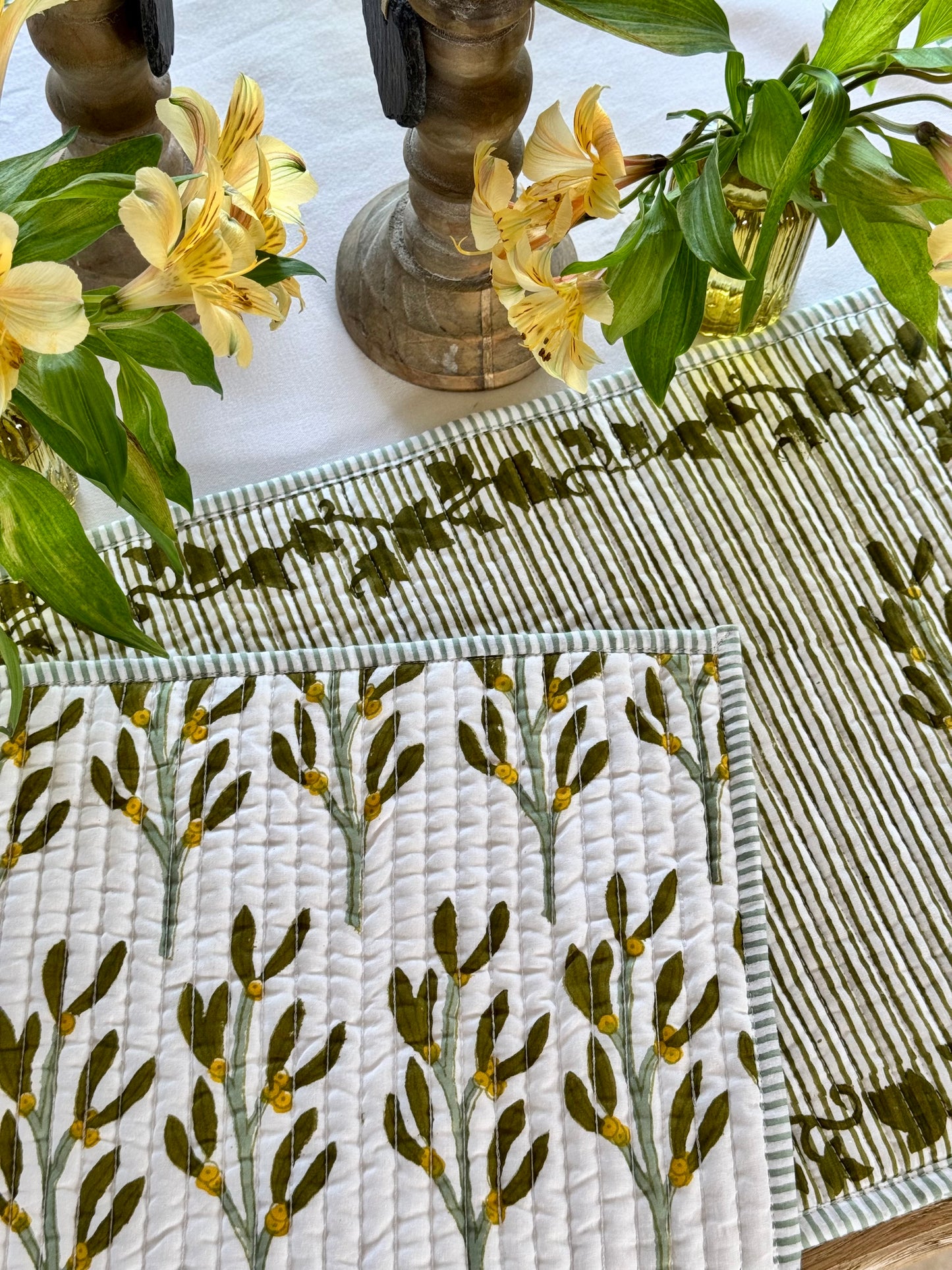 Hand block printed olive-green quilted, reversible placemats - set of 2