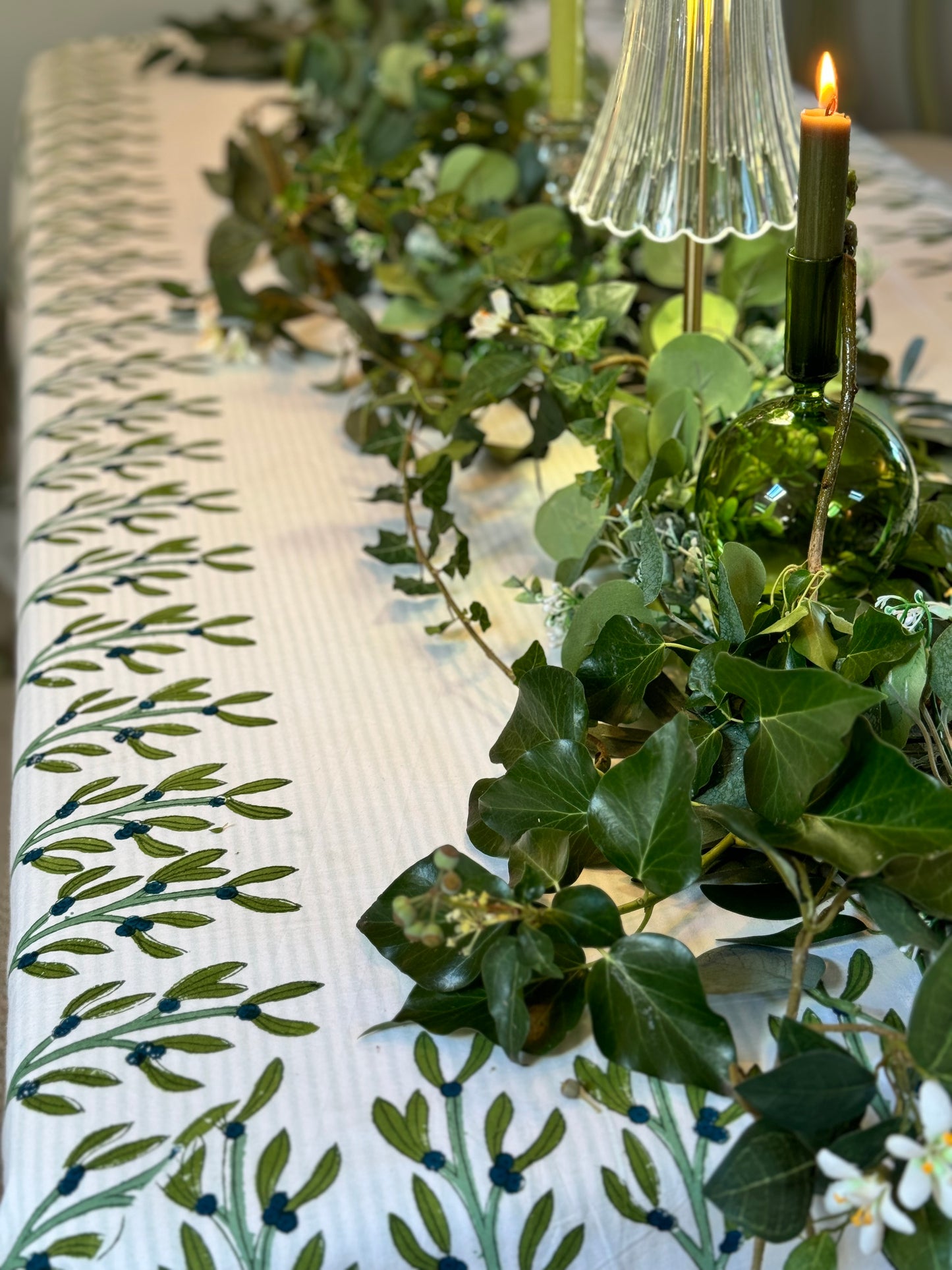 Hand block printed dark green mistletoe tablecloth