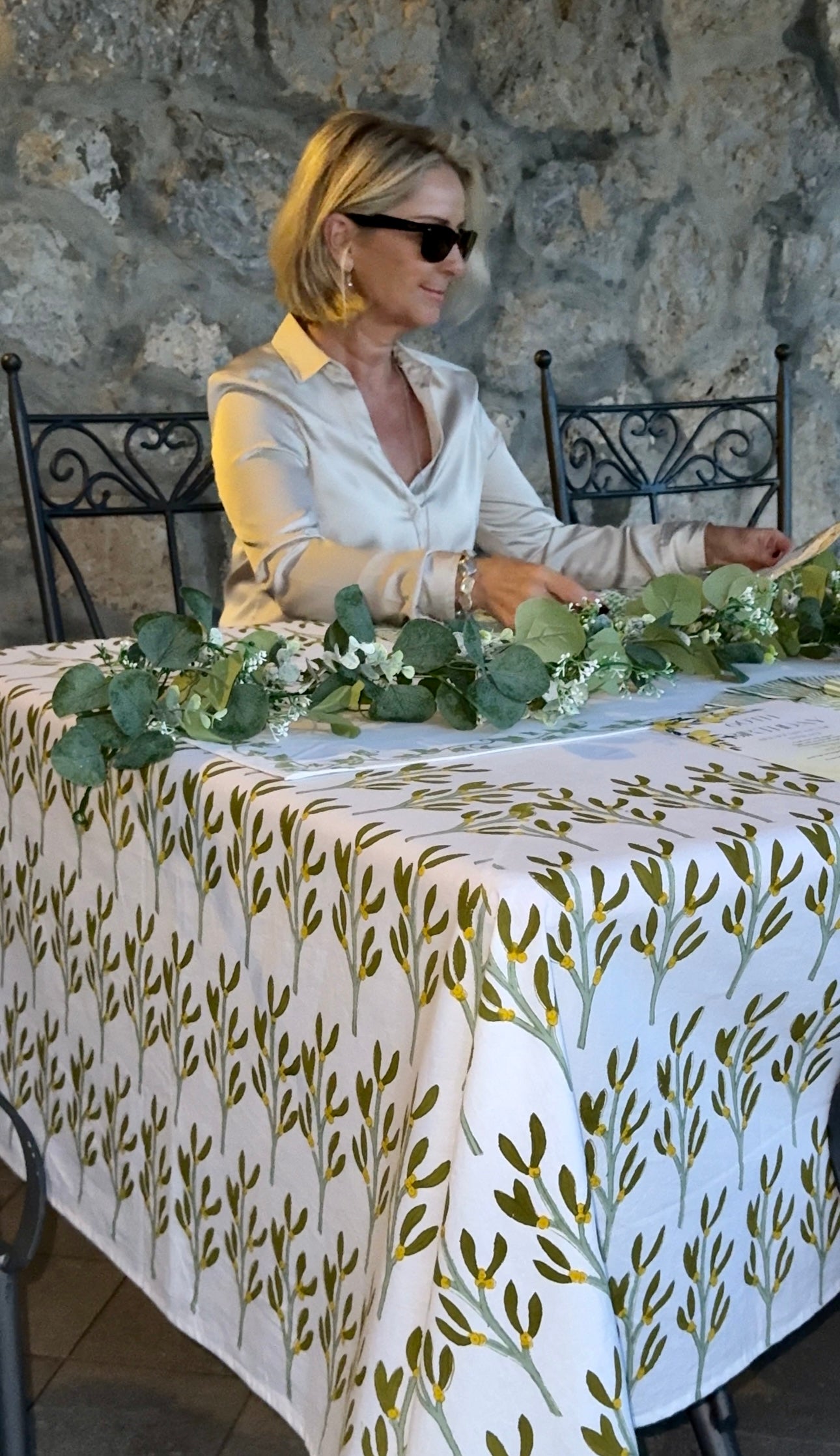 Hand block printed olive green mistletoe tablecloth