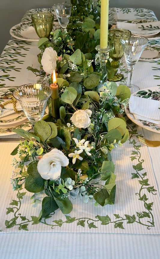 Hand block printed dark green ivy table runner