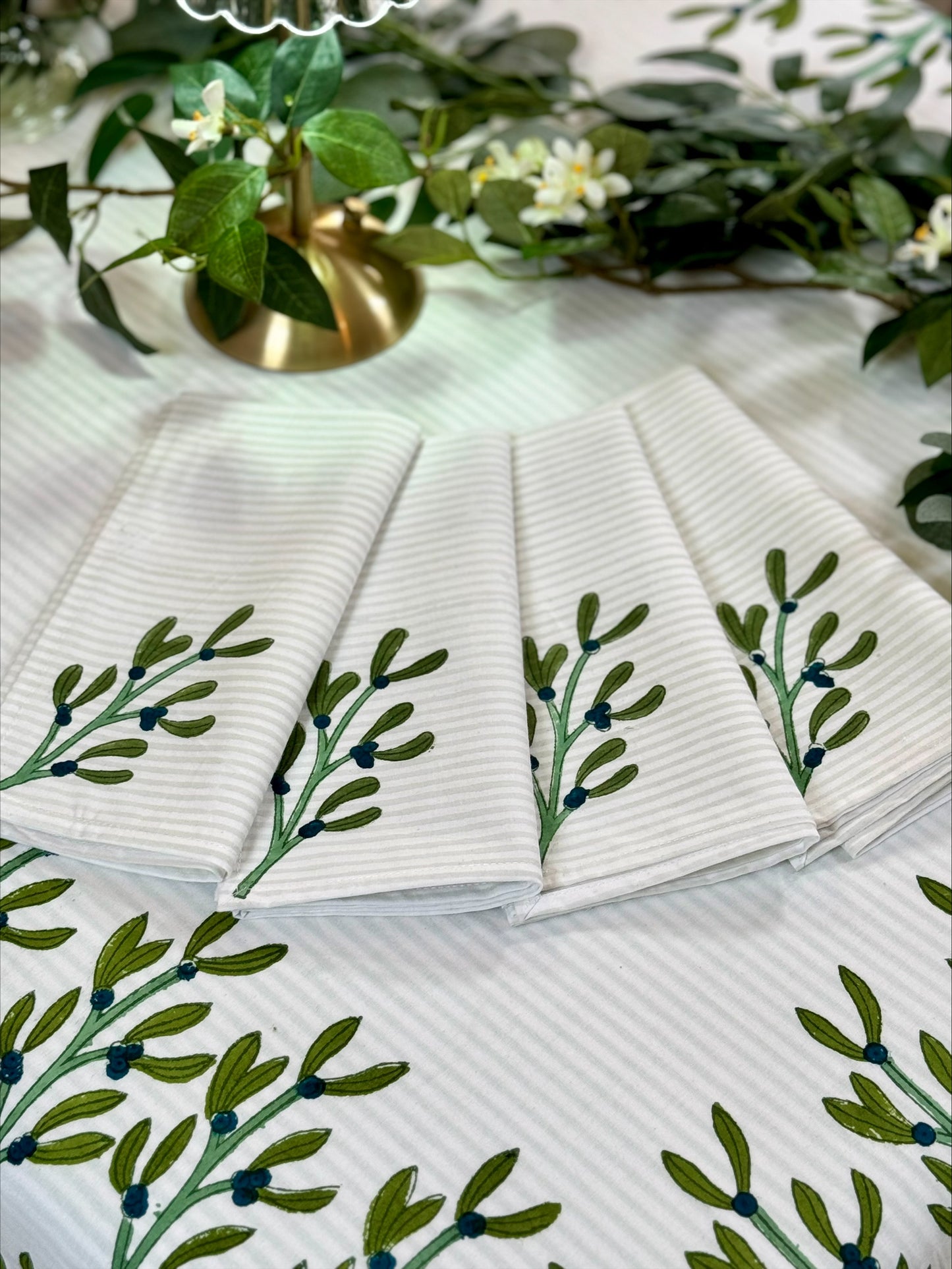 Hand block printed dark green mistletoe napkins - set of 2