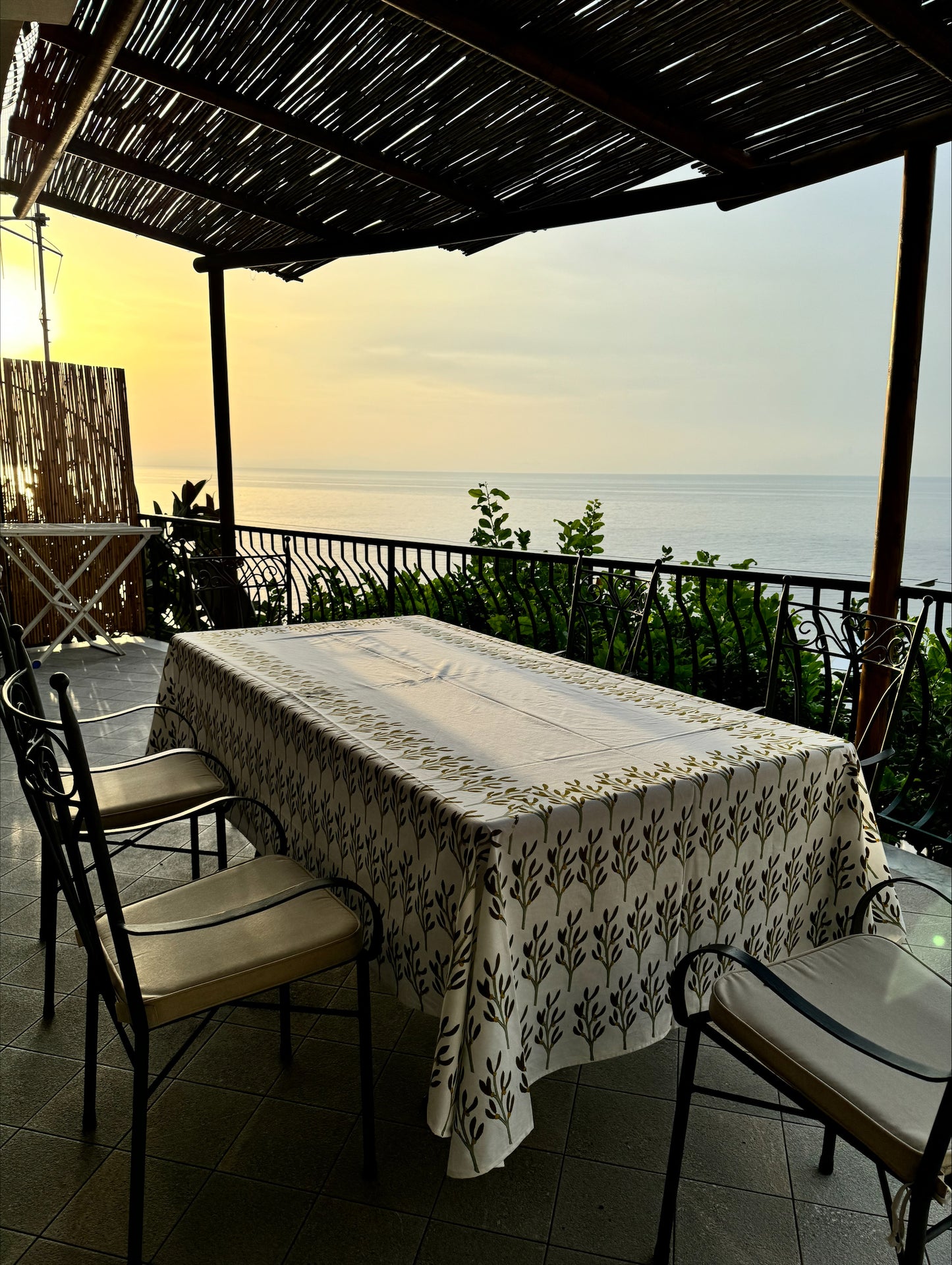 Hand block printed olive green mistletoe tablecloth