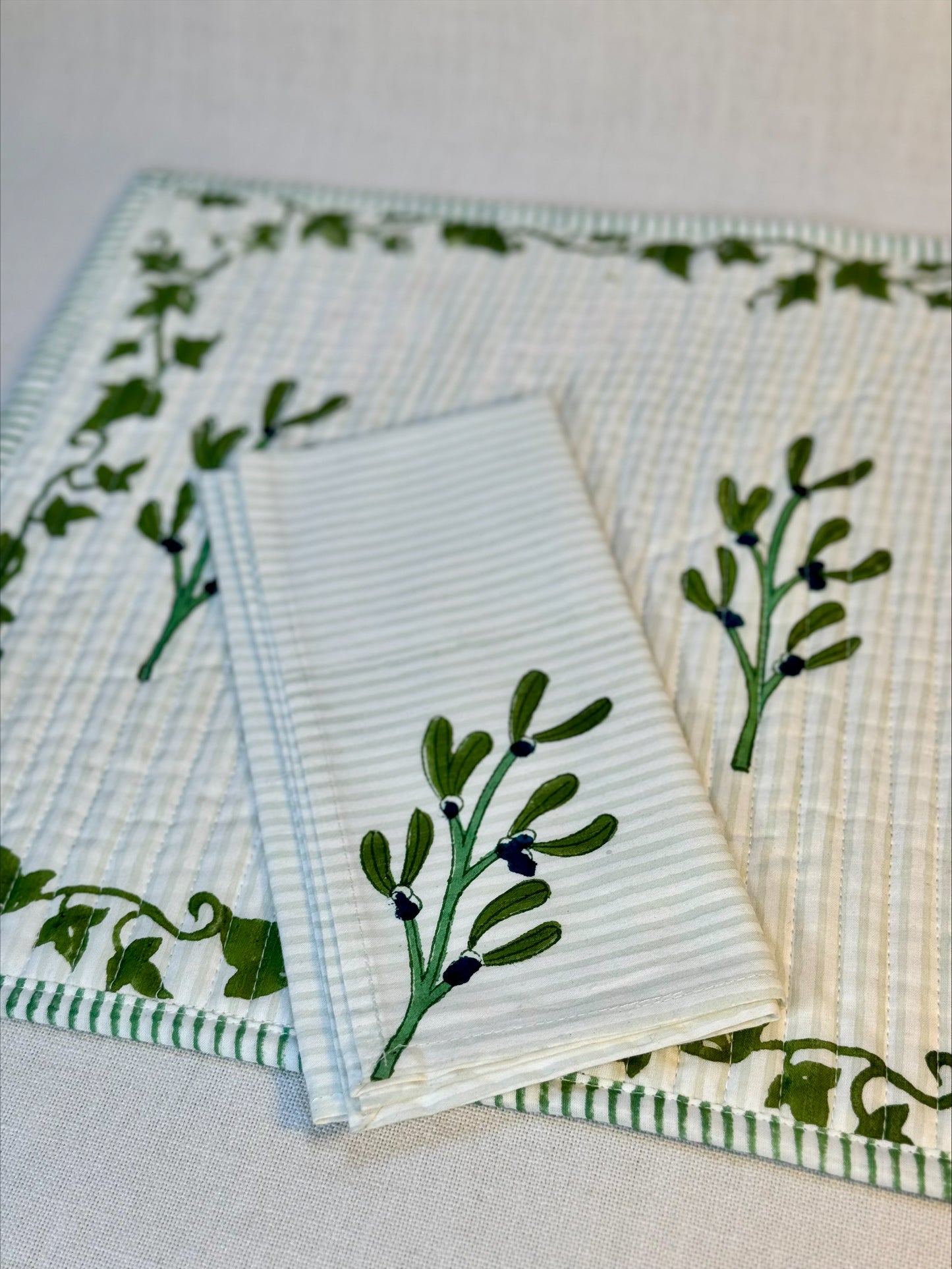 Hand block printed dark green mistletoe napkins - set of 2