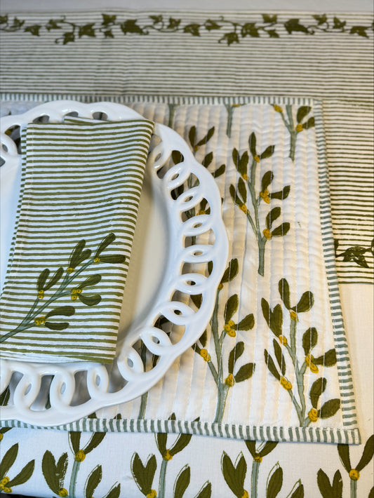 Hand block printed olive green mistletoe quilted reversible placemats - set of 2