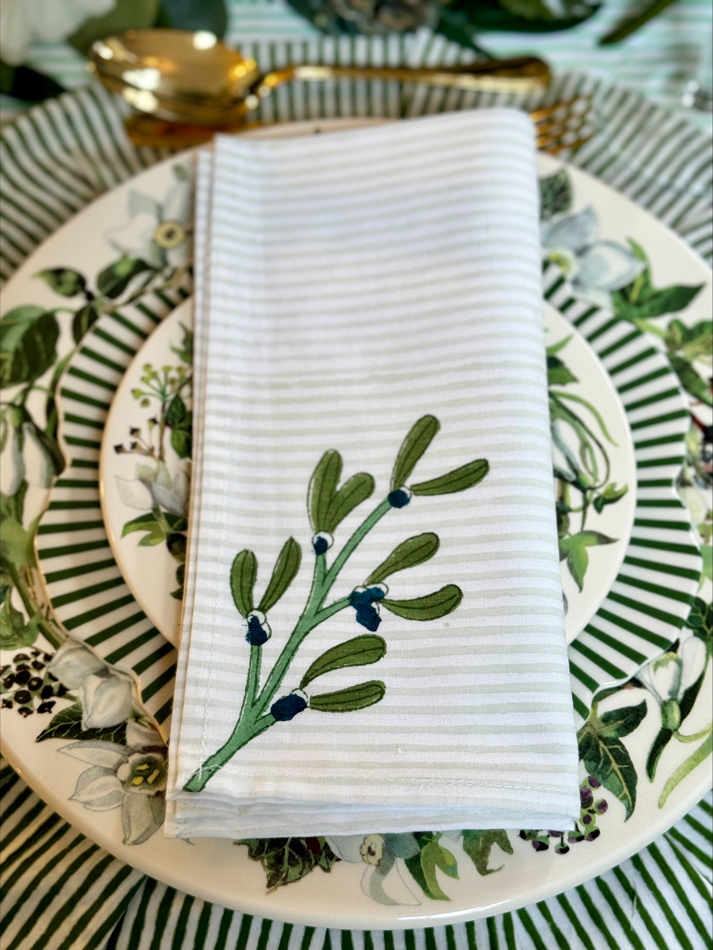 Hand block printed dark green mistletoe napkins - set of 2